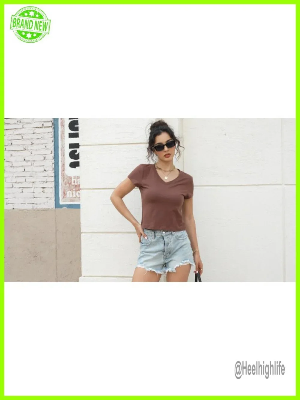 Women's Cotton Crop Top V Neck Slim Fit Short Sleeve T Shirt